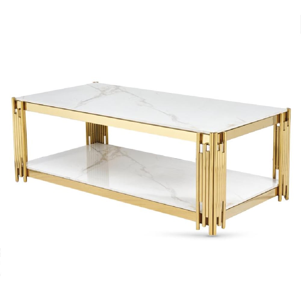 Bastia Sintered Stone Coffee Table With Gold Frame In White