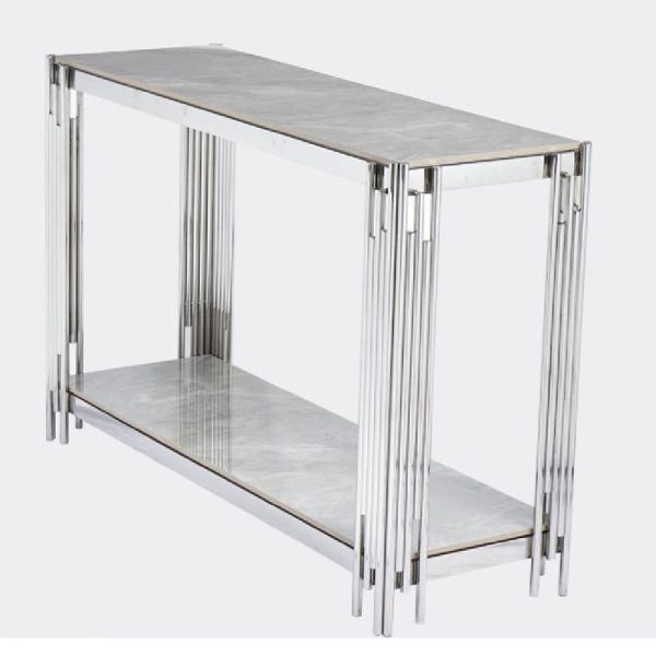 Bastia Sintered Stone Console Table With Chrome Frame In Grey | Bed Sava