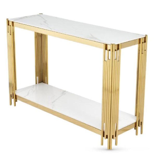 Bastia Sintered Stone Console Table With Gold Frame In White | Bed Sava