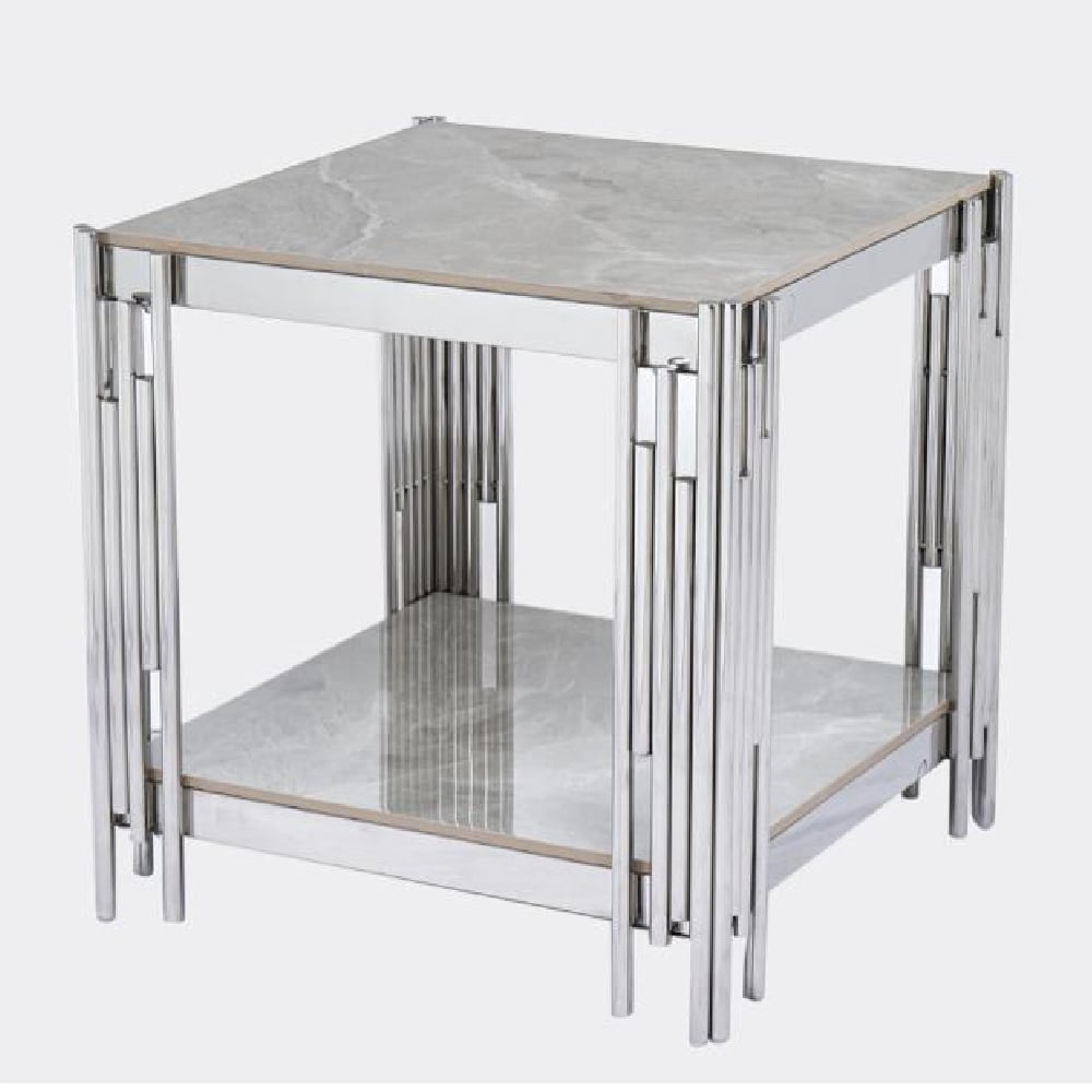 Bastia Sintered Stone End Table With Chrome Frame In Grey