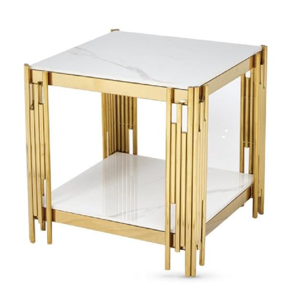 Bastia Sintered Stone End Table With Gold Frame In White | Bed Sava