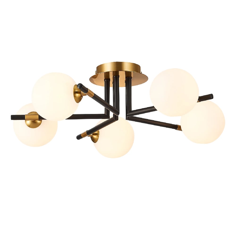 Batley 5 Light Glass Shade Flush Light In Black And Brass