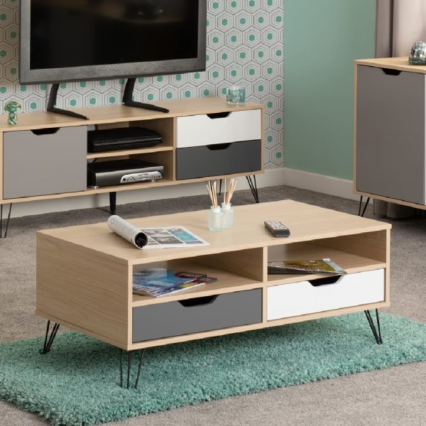 Baucom Wooden Coffee Table With 2 Drawers In White Oak And Grey | Bed Sava