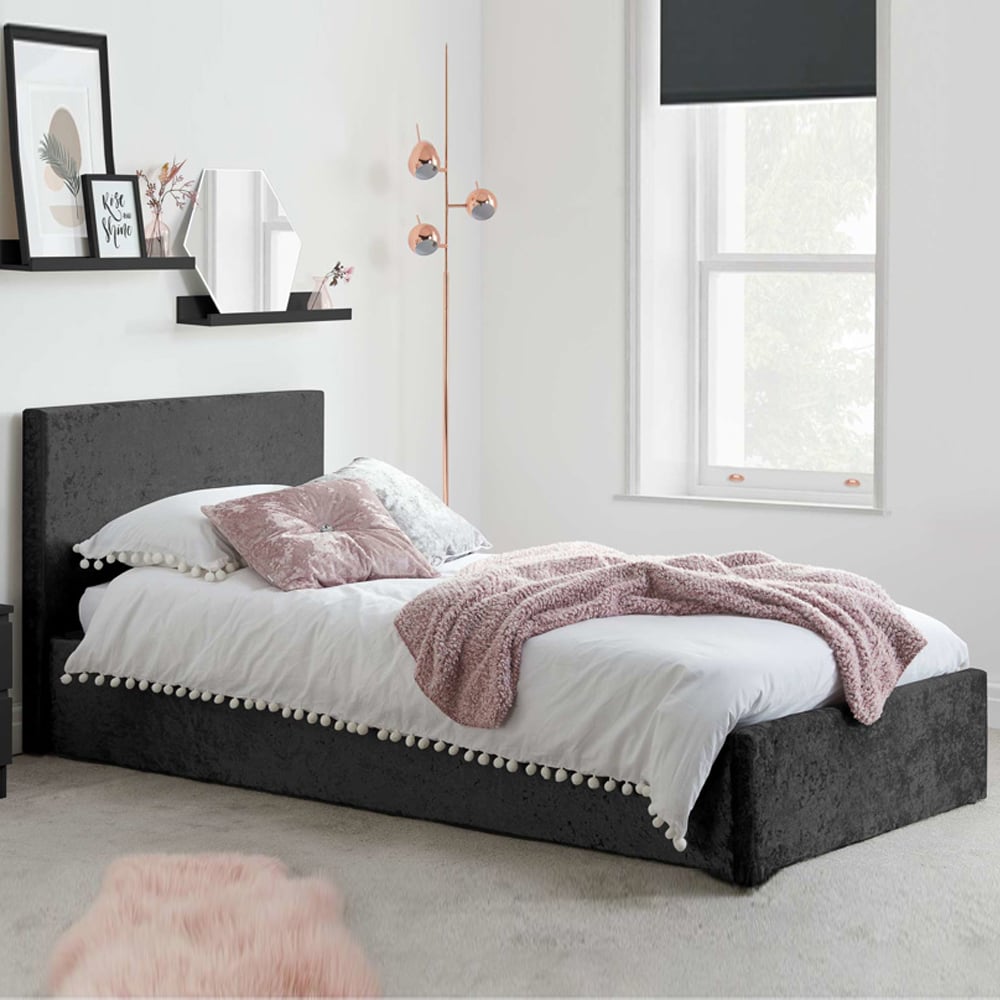 Beano Fabric Ottoman Single Bed In Black Crushed Velvet