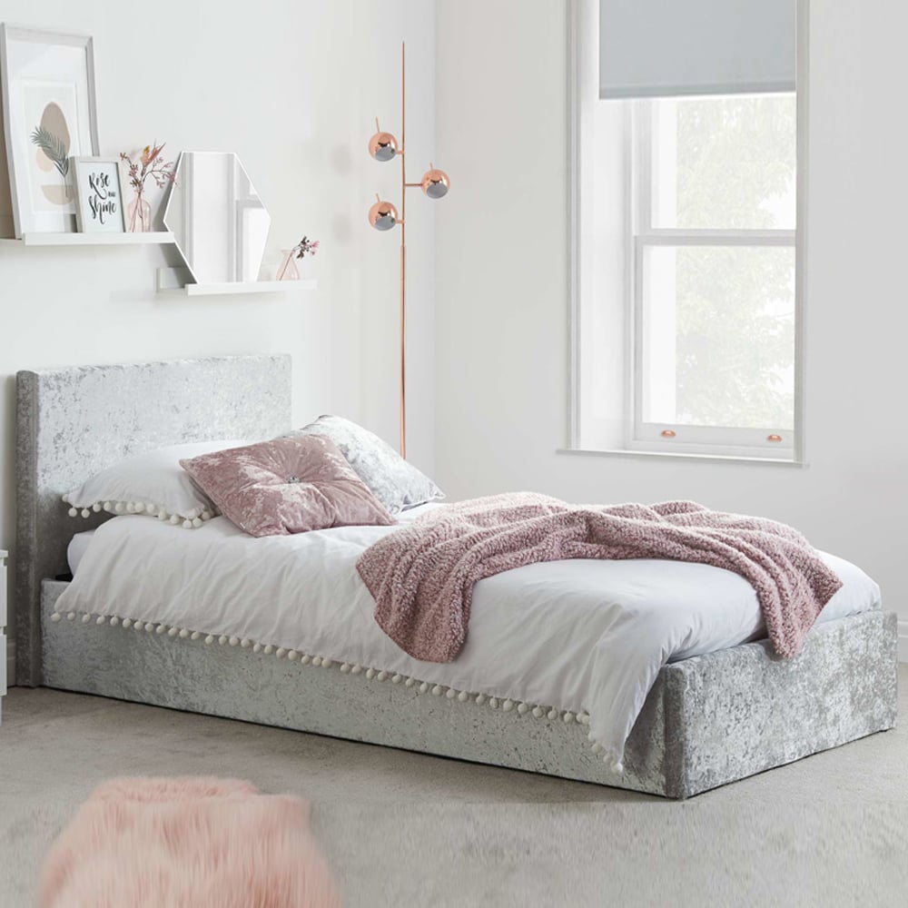 Beano Fabric Ottoman Single Bed In Steel Crushed Velvet