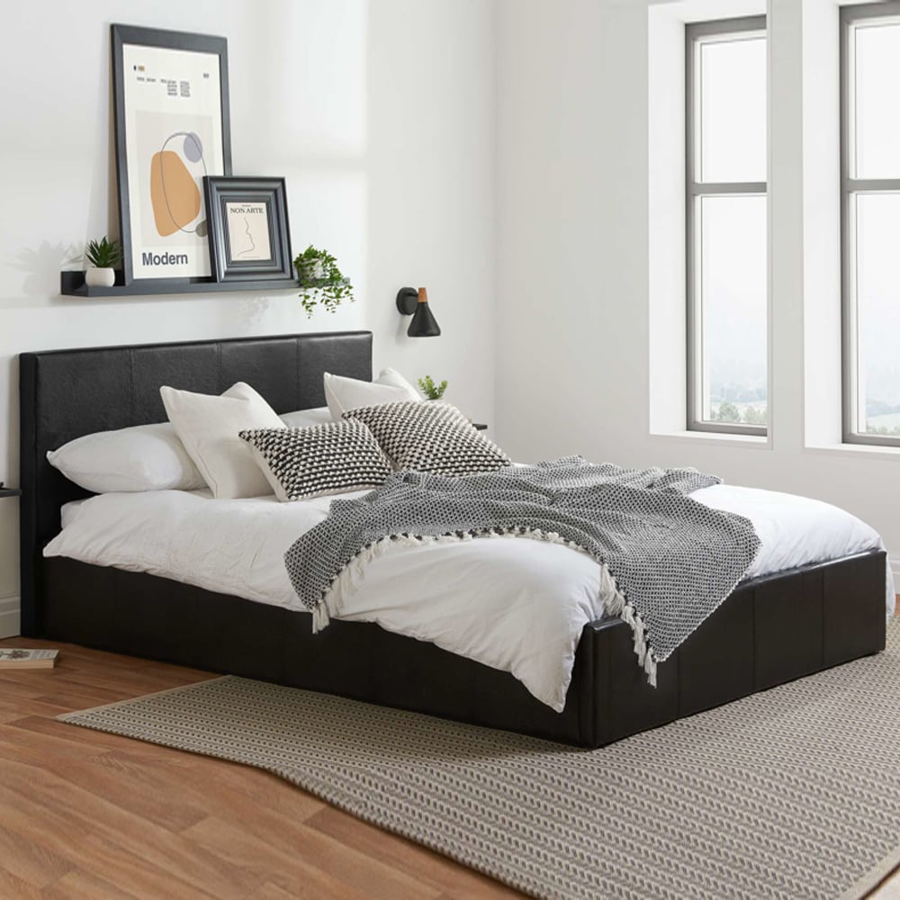 Beano Faux Leather Ottoman Storage Double Bed In Black