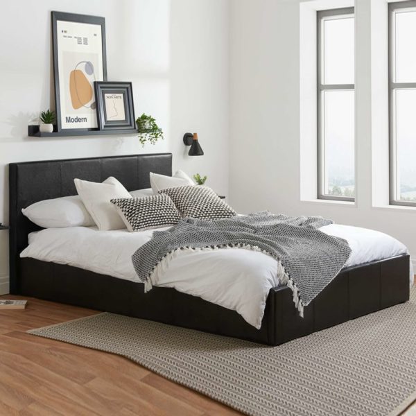 Beano Faux Leather Ottoman Storage Small Double Bed In Black | Bed Sava