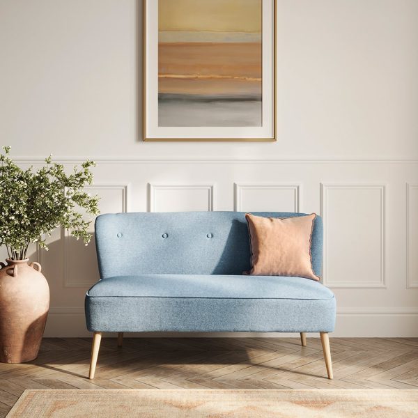 Beau Fabric 2 Seater Sofa With Wooden Legs In Blue | Bed Sava