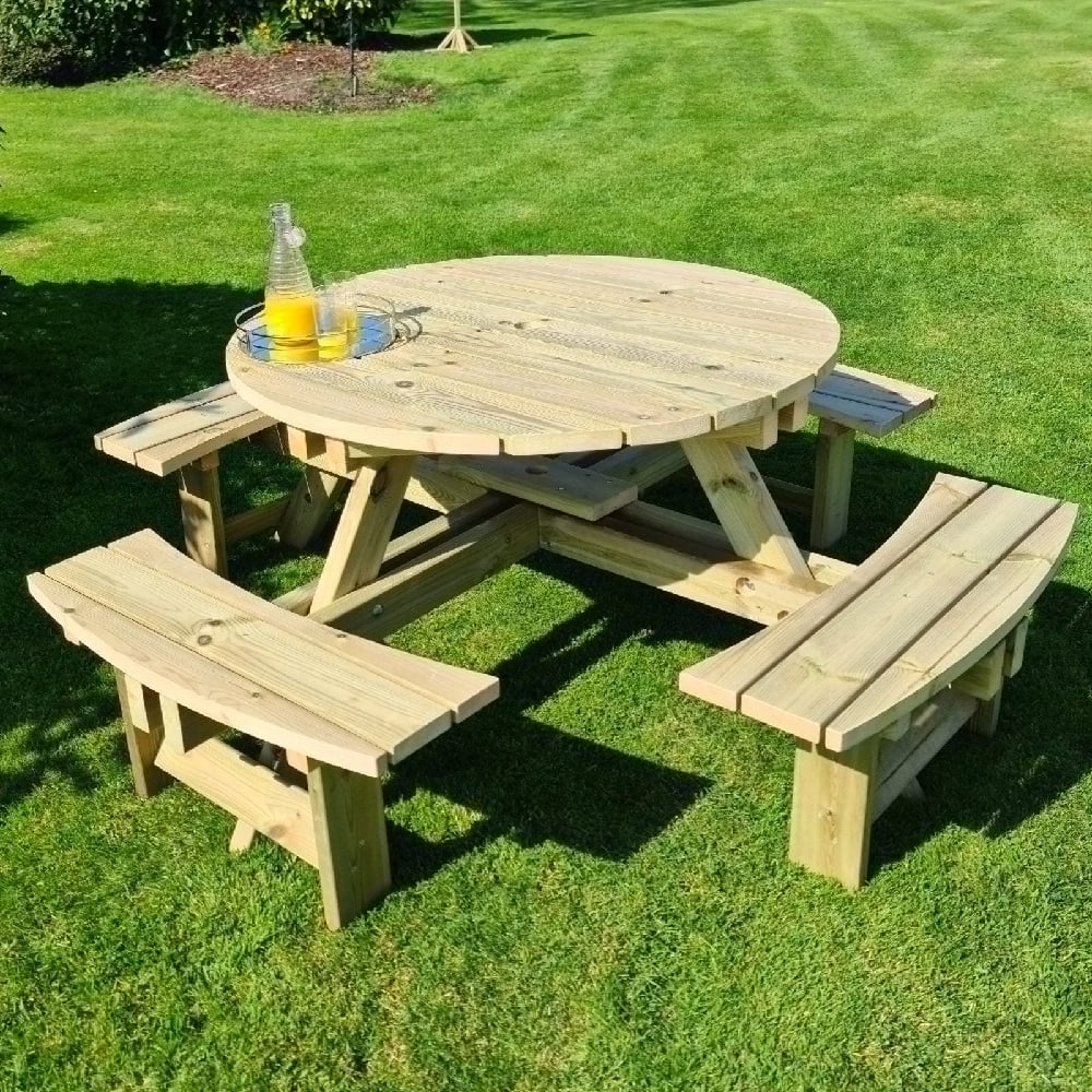 Becontree Wooden Garden Round Picnic Table In Natural