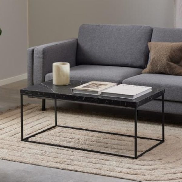 Bellmore Wooden Rectangular Coffee Table In Black Marble Effect | Bed Sava