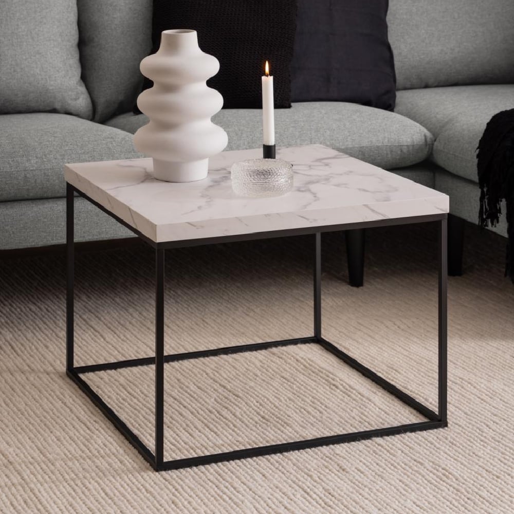 Bellmore Wooden Square Coffee Table In White Marble Effect