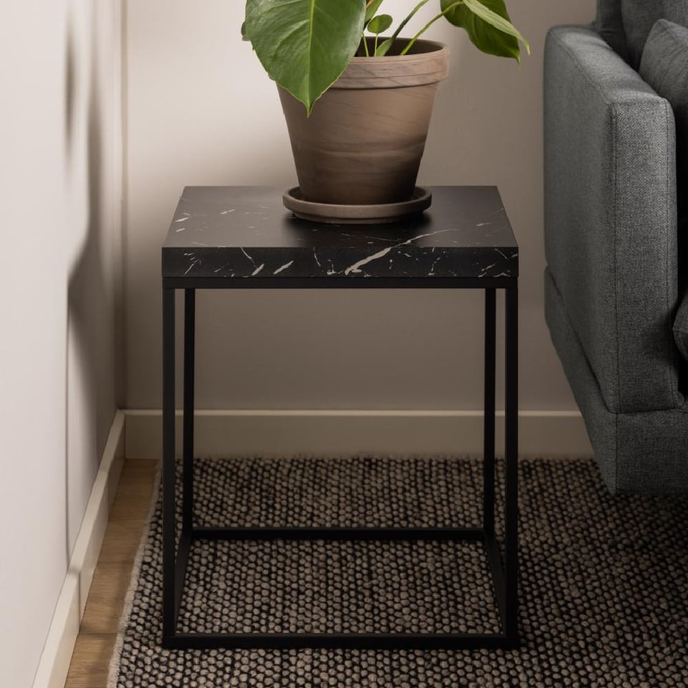 Bellmore Wooden Square Side Table In Black Marble Effect