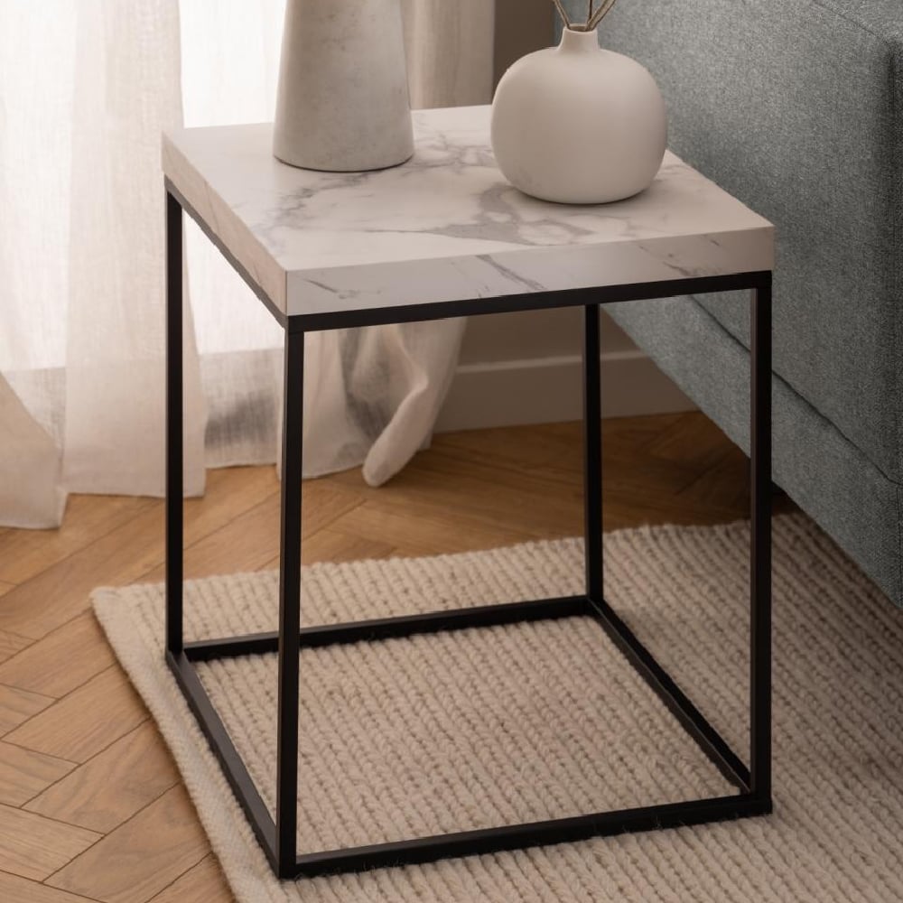 Bellmore Wooden Square Side Table In White Marble Effect