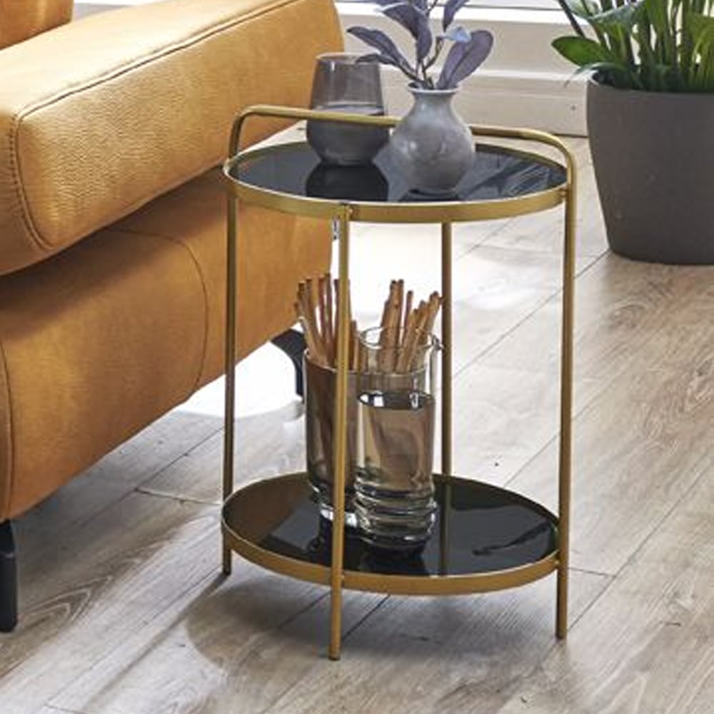 Bellvue Black Glass End Table With Gold Steel Frame | Bed Sava