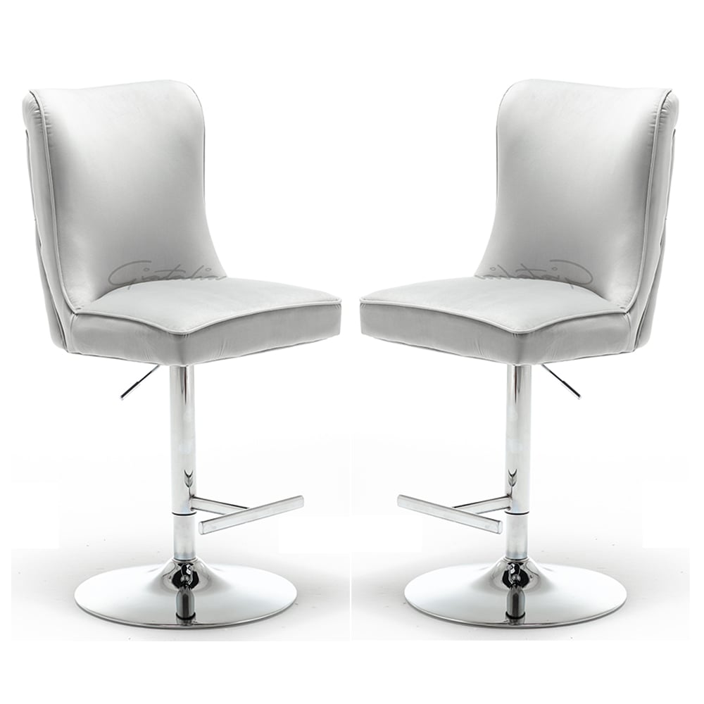 Bellvue Light Grey Velvet Bar Stools With Chrome Base In Pair