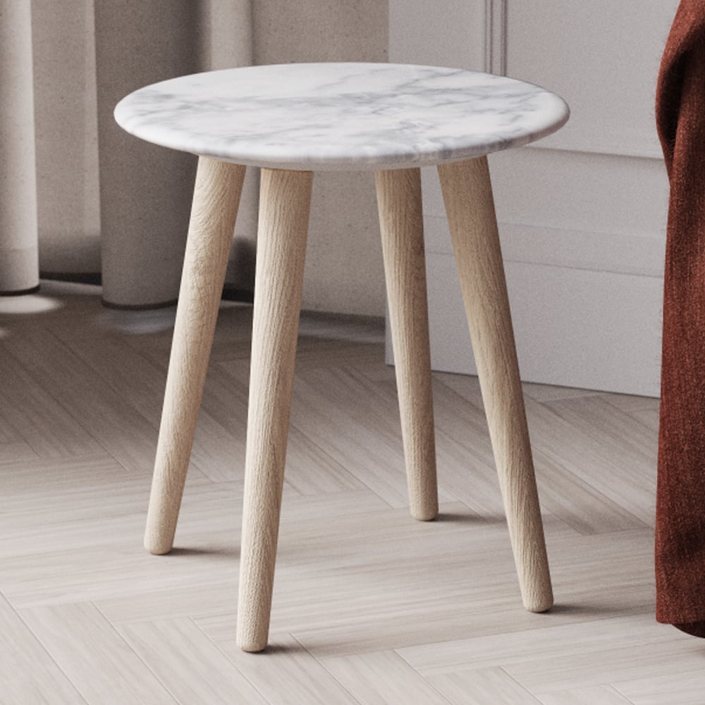 Bellvue White Marble Top Side Table With Natural Wooden Legs
