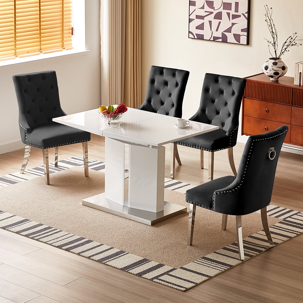 Belmonte White Gloss Extending Dining Table 4 Imperial Black Chairs