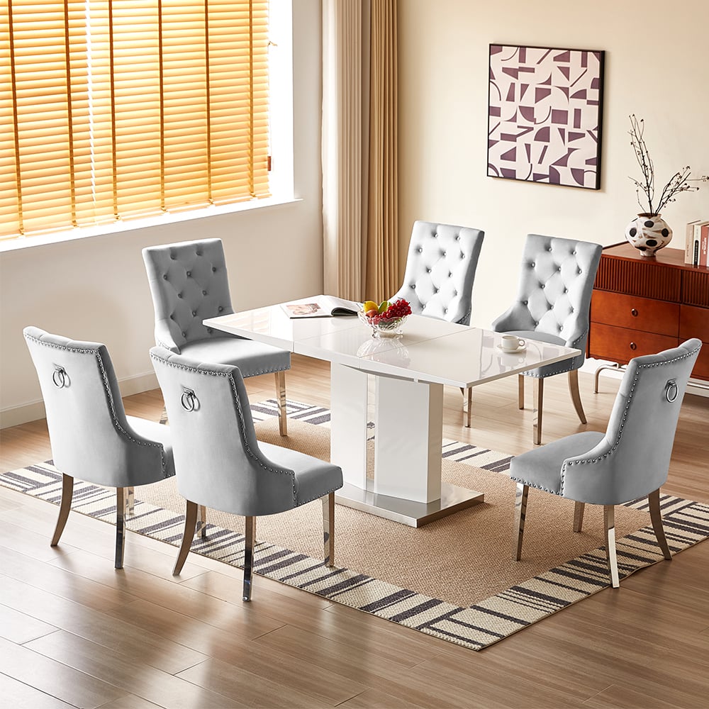 Belmonte White Gloss Extending Dining Table 6 Imperial Grey Chairs