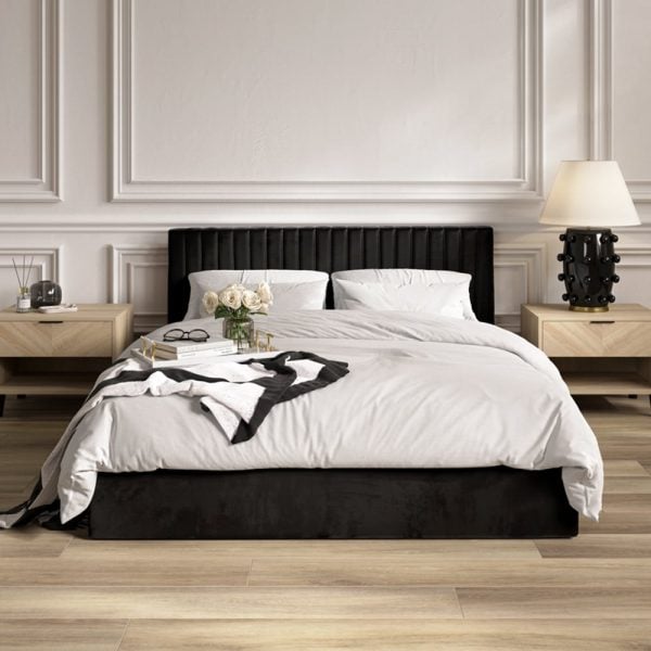 Belton Ottoman Velvet King Size Bed In Black | Bed Sava