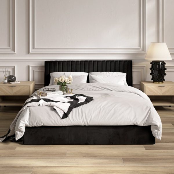 Belton Tall Ottoman Velvet King Size Bed In Black | Bed Sava