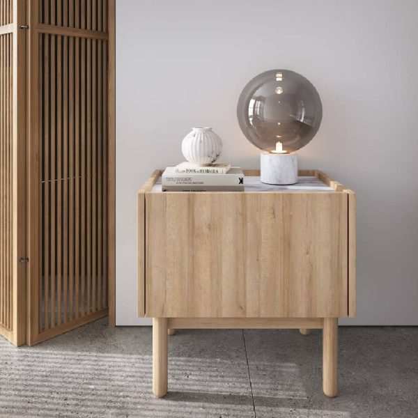 Belton Wooden Bedside Cabinet In Riviera Oak And White | Bed Sava