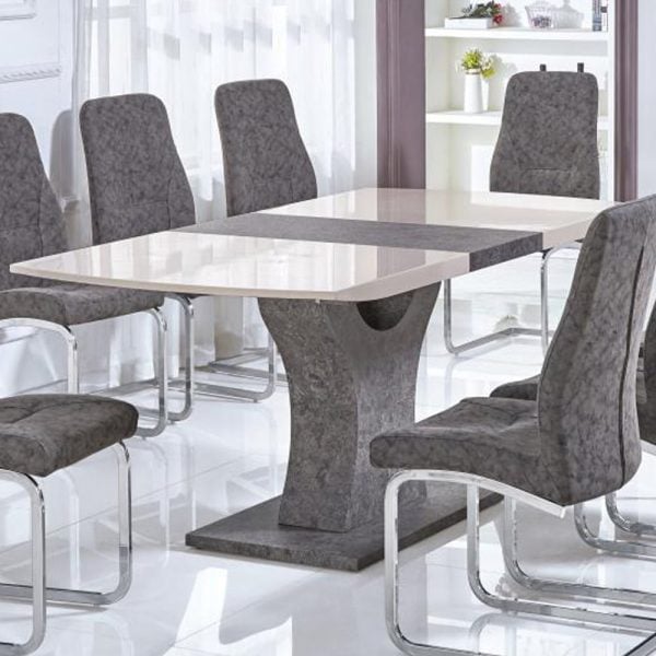 Beltran High Gloss Extending Dining Table In Cream And Stone | Bed Sava
