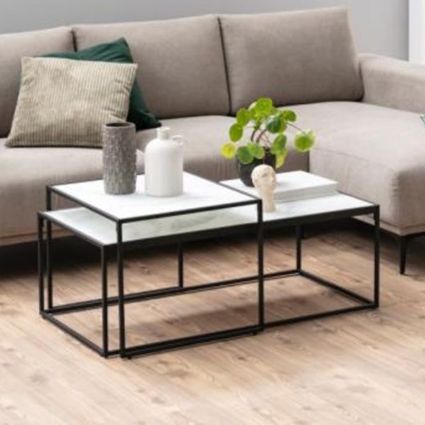 Bemid Frosted Glass Nesting Coffee Table In White Marble Effect | Bed Sava