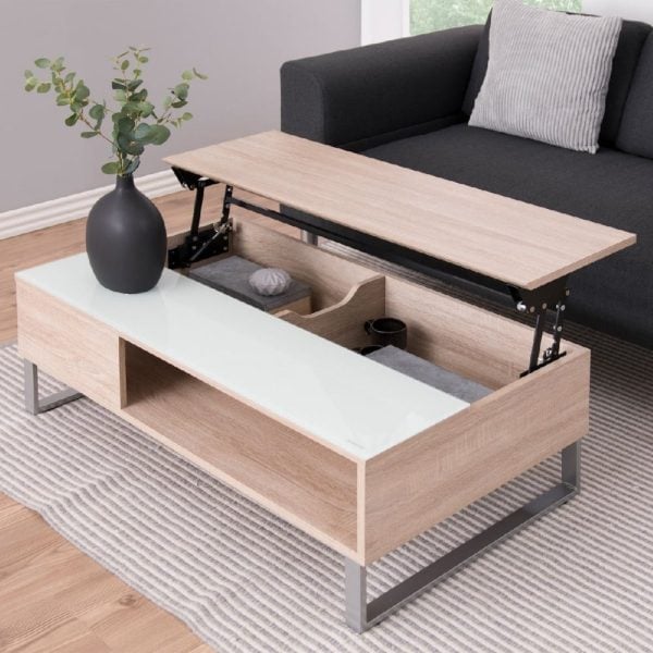 Bend Lift Up Wooden Coffee Table In Oak And White | Bed Sava