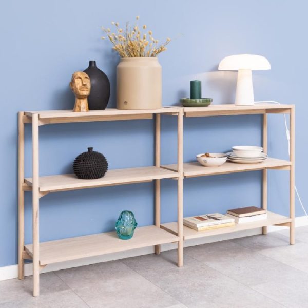 Benson Wide Wooden Bookcase With 4 Shelves In White Oak | Bed Sava