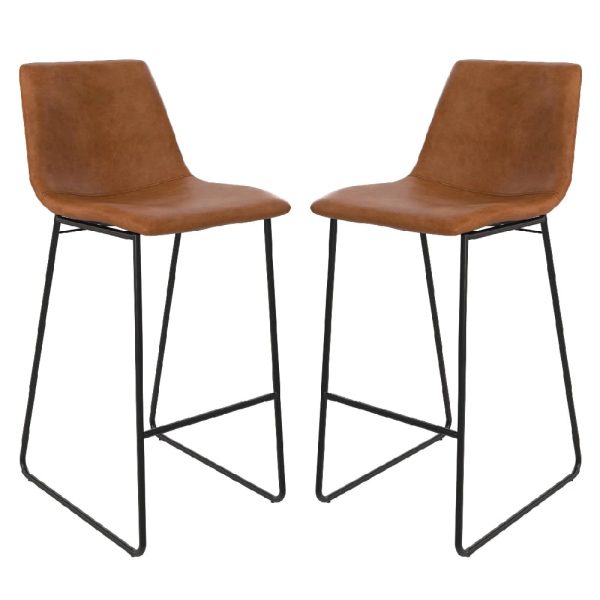 Berlin Caramel Maple PU Leather Bar Stools With Black Leg In Pair | Bed Sava