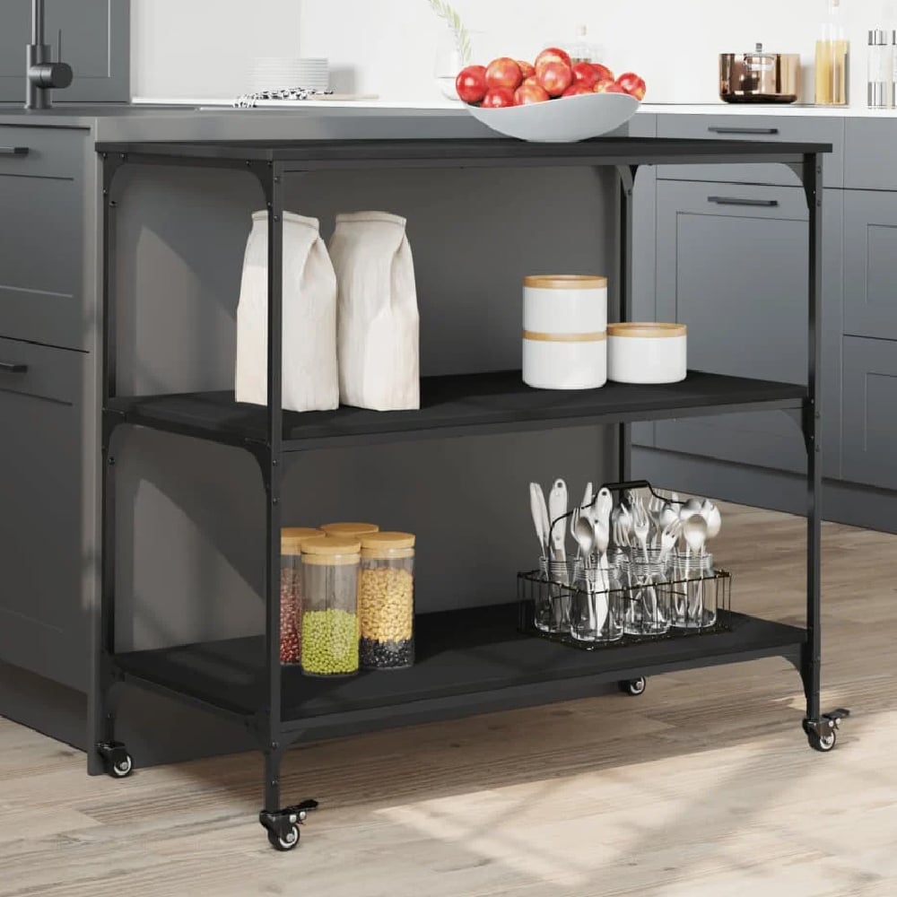 Bernalillo Wooden Kitchen Trolley With 3 Shelves In Black