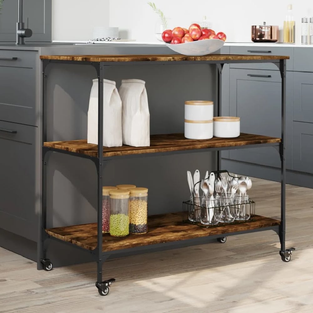 Bernalillo Wooden Kitchen Trolley With 3 Shelves In Smoked Oak