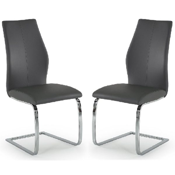 Bernie Grey Leather Dining Chairs With Chrome Legs In Pair | Bed Sava