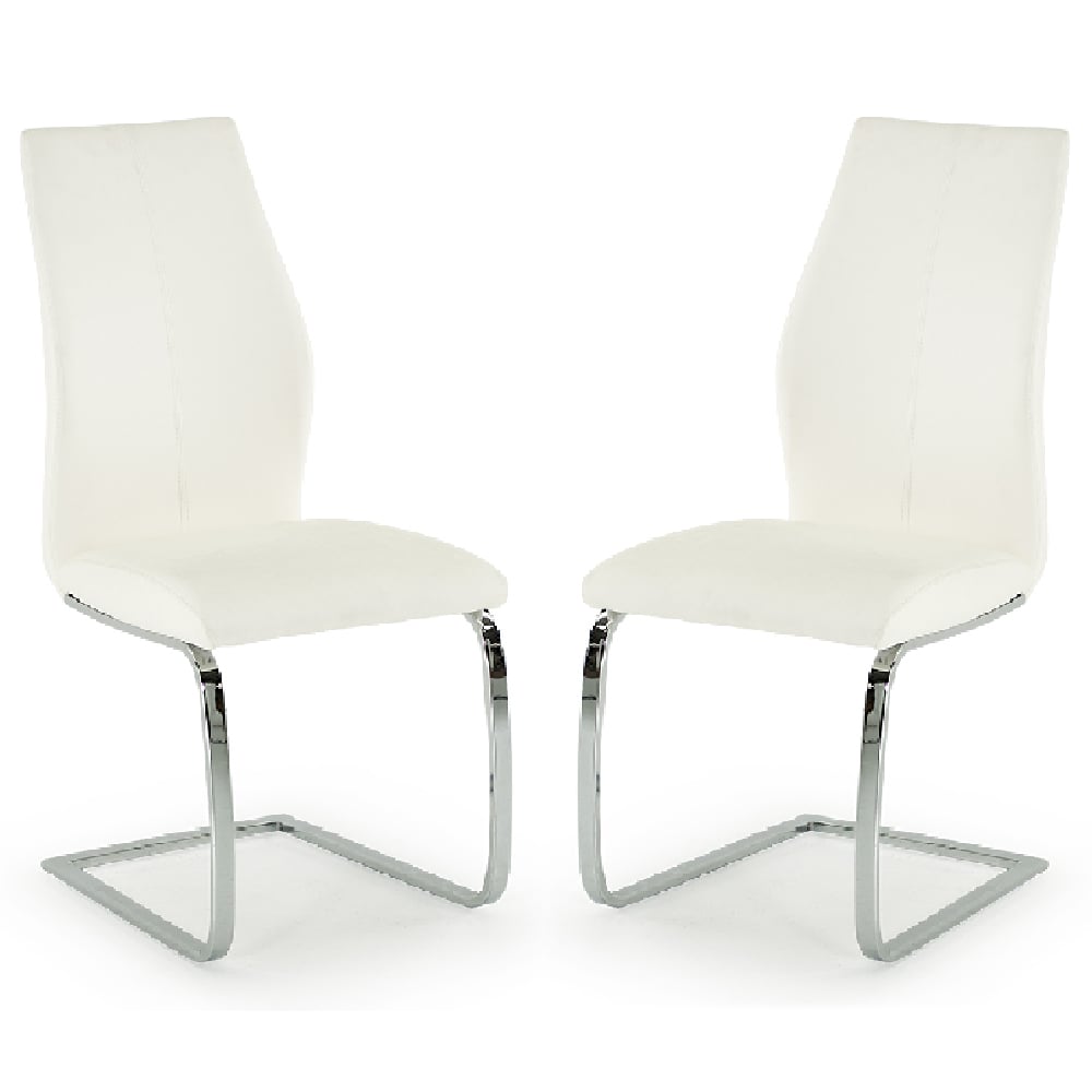 Bernie White Leather Dining Chairs With Chrome Legs In Pair
