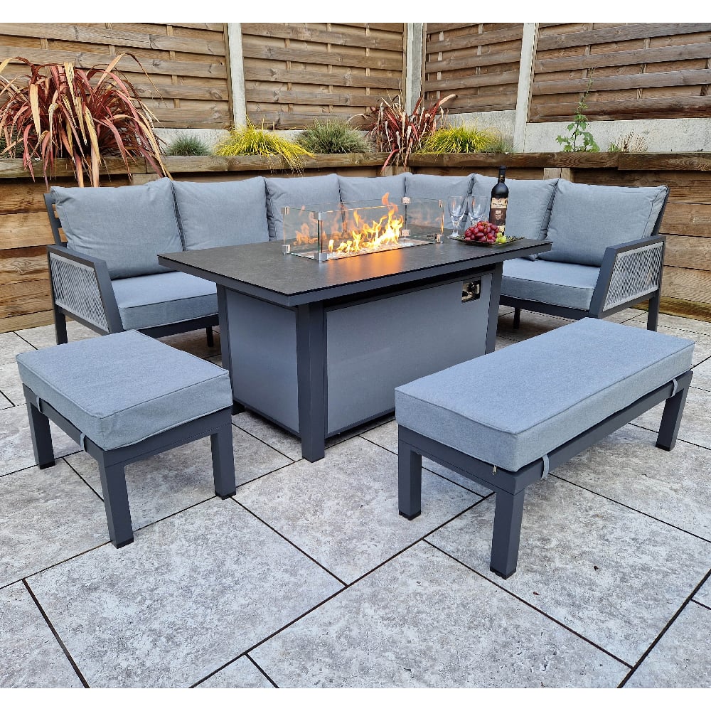 Bessie Glass Top Garden Corner Dining Set With Firepit In Grey