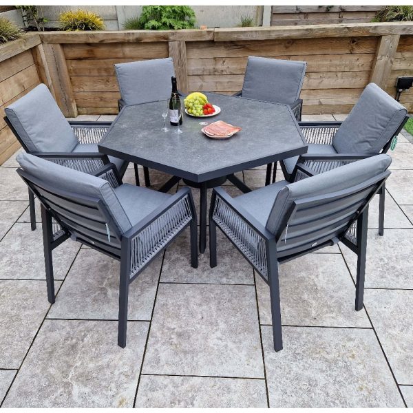 Bessie Glass Top Garden Hexagon Dining Set With 6 Chairs In Grey | Bed Sava