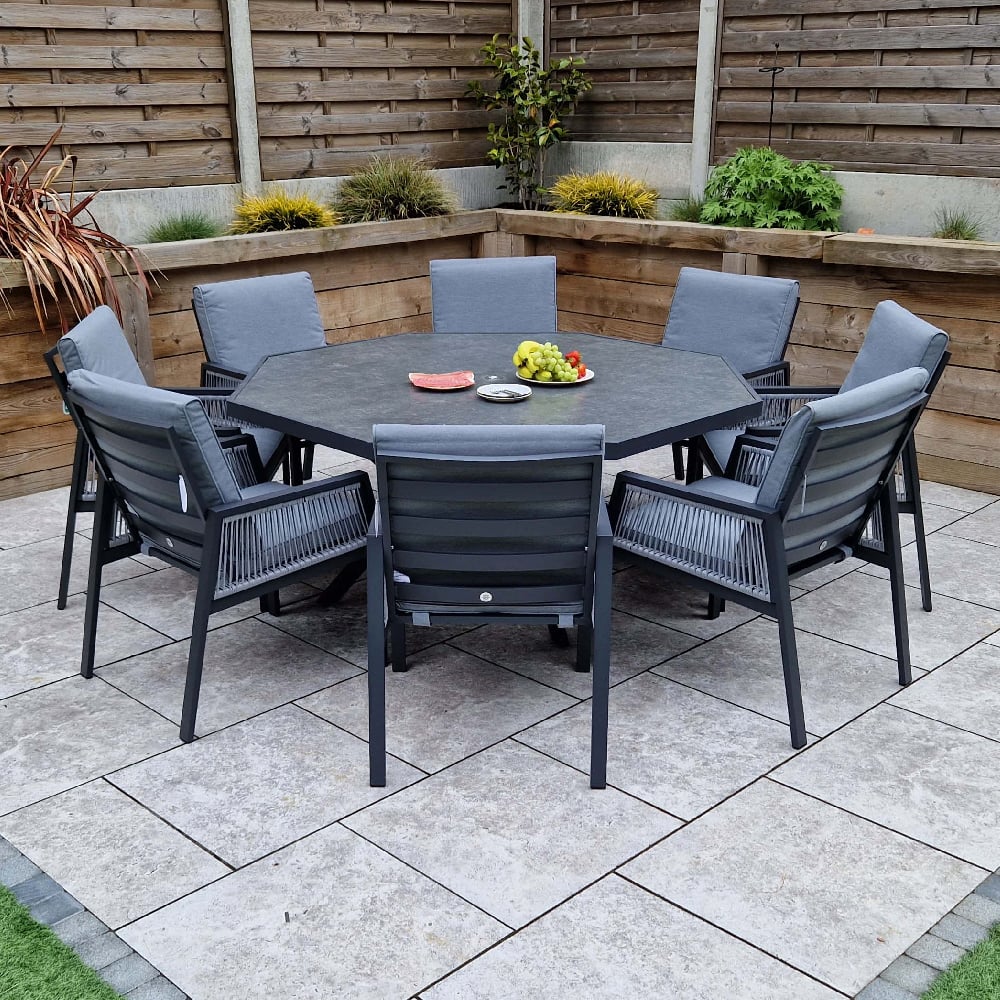 Bessie Glass Top Garden Octagon Dining Set With 8 Chairs In Grey