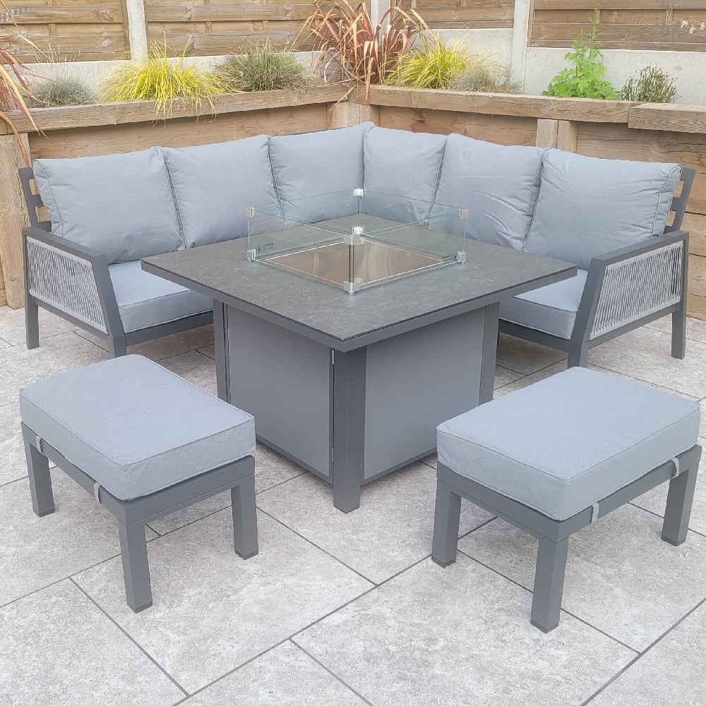 Bessie Glass Top Garden Square Dining Set With Firepit In Grey