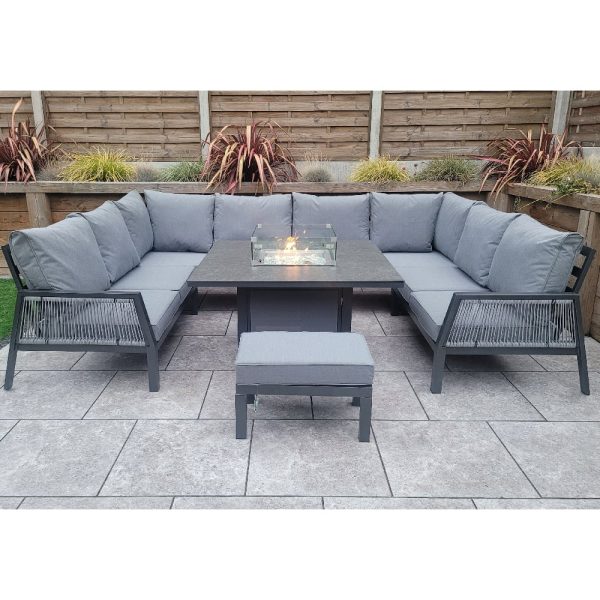 Bessie Glass Top U Shaped Garden Seating Set With Fire Pit In Grey | Bed Sava
