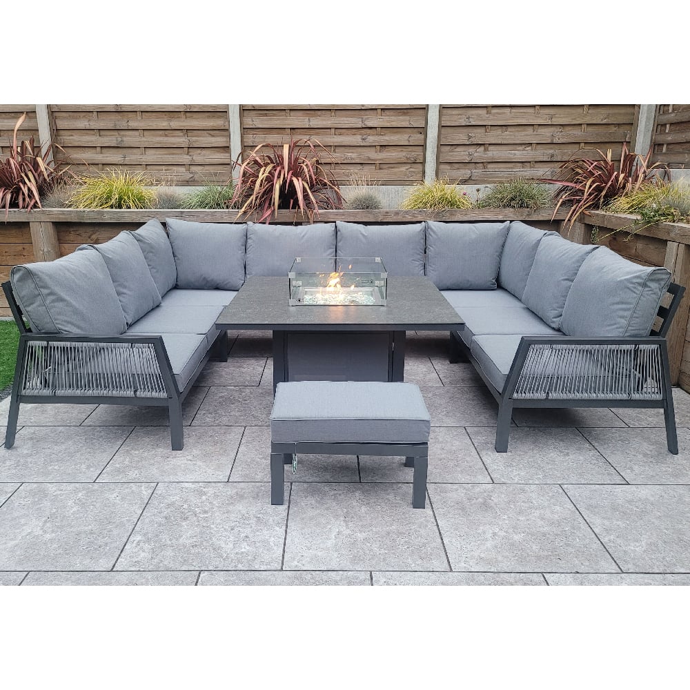 Bessie Glass Top U Shaped Garden Seating Set With Fire Pit In Grey