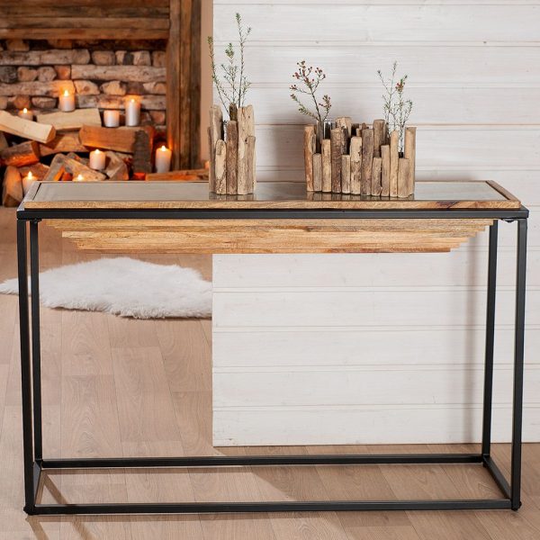 Bethany Glass Wooden Top Console Table With Black Frame | Bed Sava