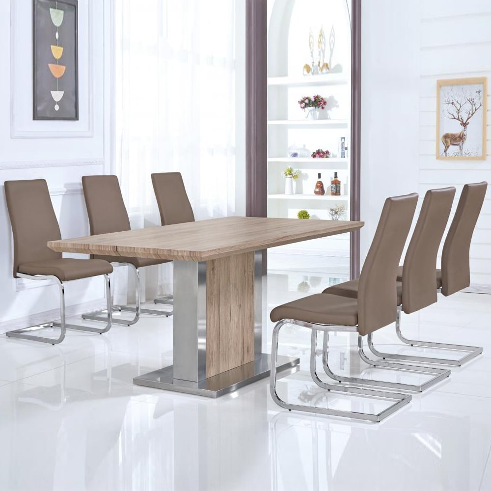 Beverly Wooden Dining Table With 6 Cappuccino Chairs In Natural