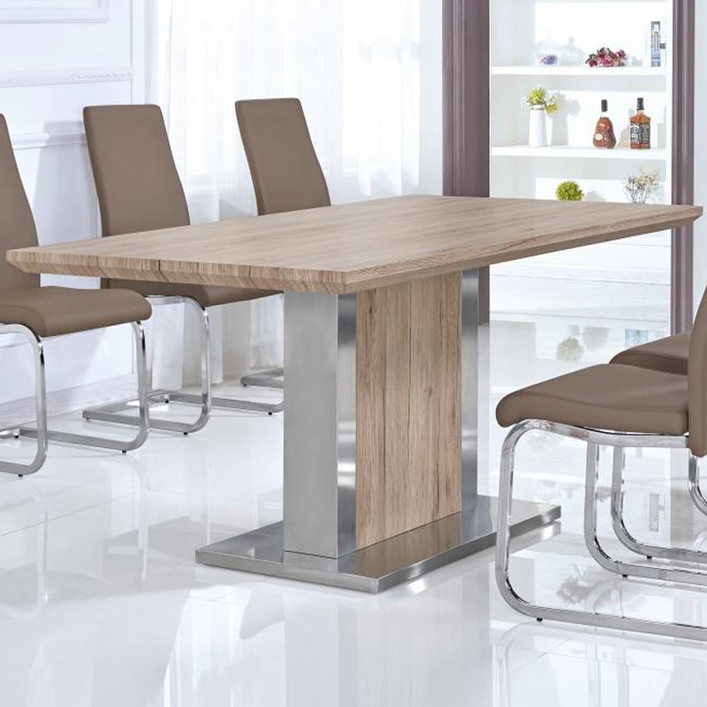 Beverly Wooden Dining Table With Steel Base In Natural Oak