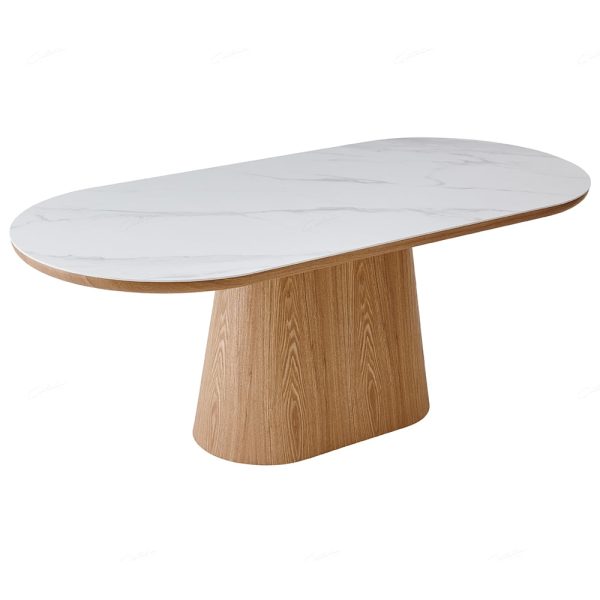 Bilbao Sintered Stone Oval Dining Table In White And Beech | Bed Sava