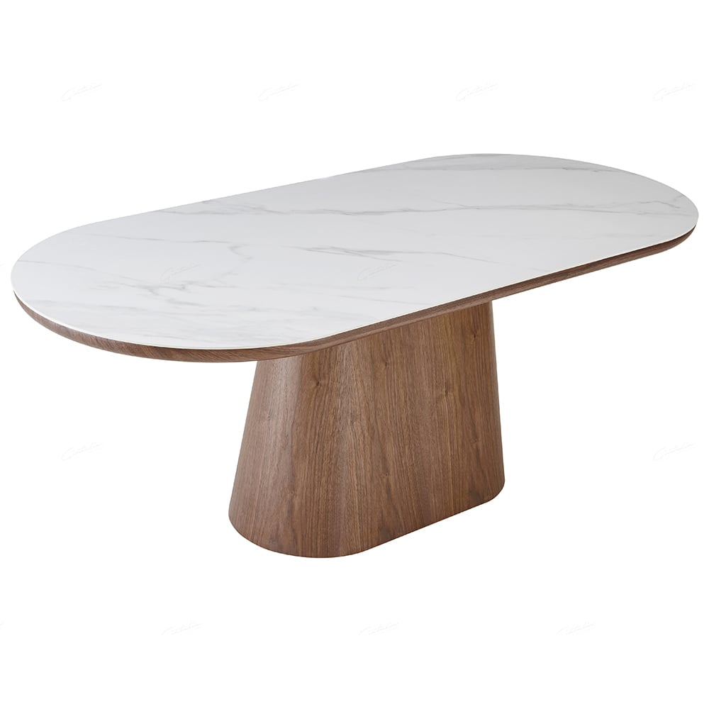 Bilbao Sintered Stone Oval Dining Table In White And Walnut