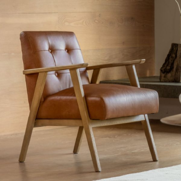 Biloxi Leather Armchair With Wooden Frame In Brown | Bed Sava