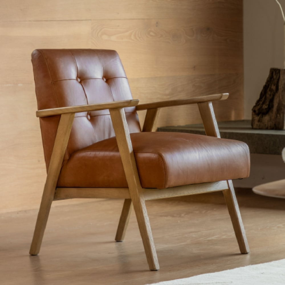 Biloxi Leather Armchair With Wooden Frame In Brown