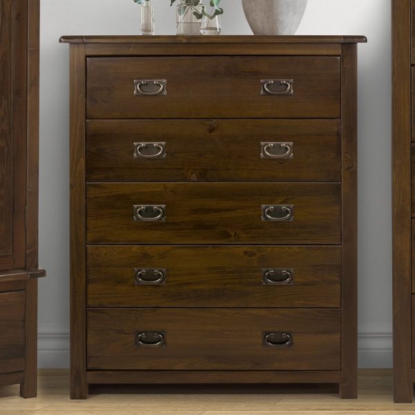 Birtley Wide Wooden Chest Of 5 Drawers In Rustic Oak | Bed Sava