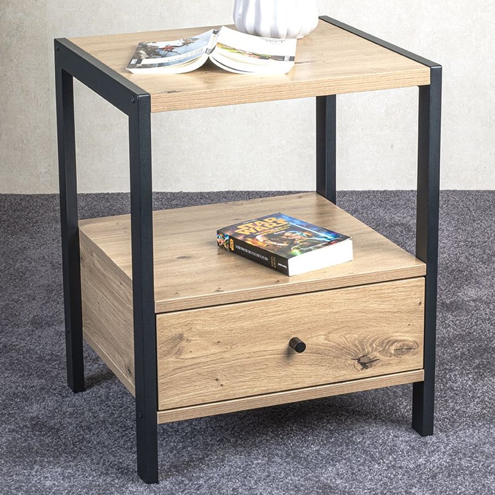 Blackfoot Wooden End Table With 1 Drawer In Oak And Black | Bed Sava