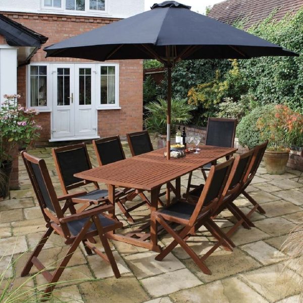 Boarhunt Wooden Garden Extending Dining Set With Parasol In Brown | Bed Sava